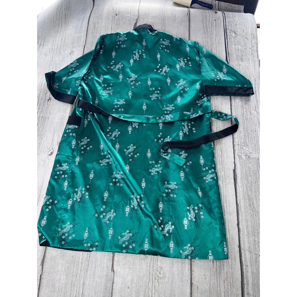 Mens Silky Kimono Robe Dragon Lantern Print Teal Black Short Sleeve‎ Reversable - Picture 5 of 9